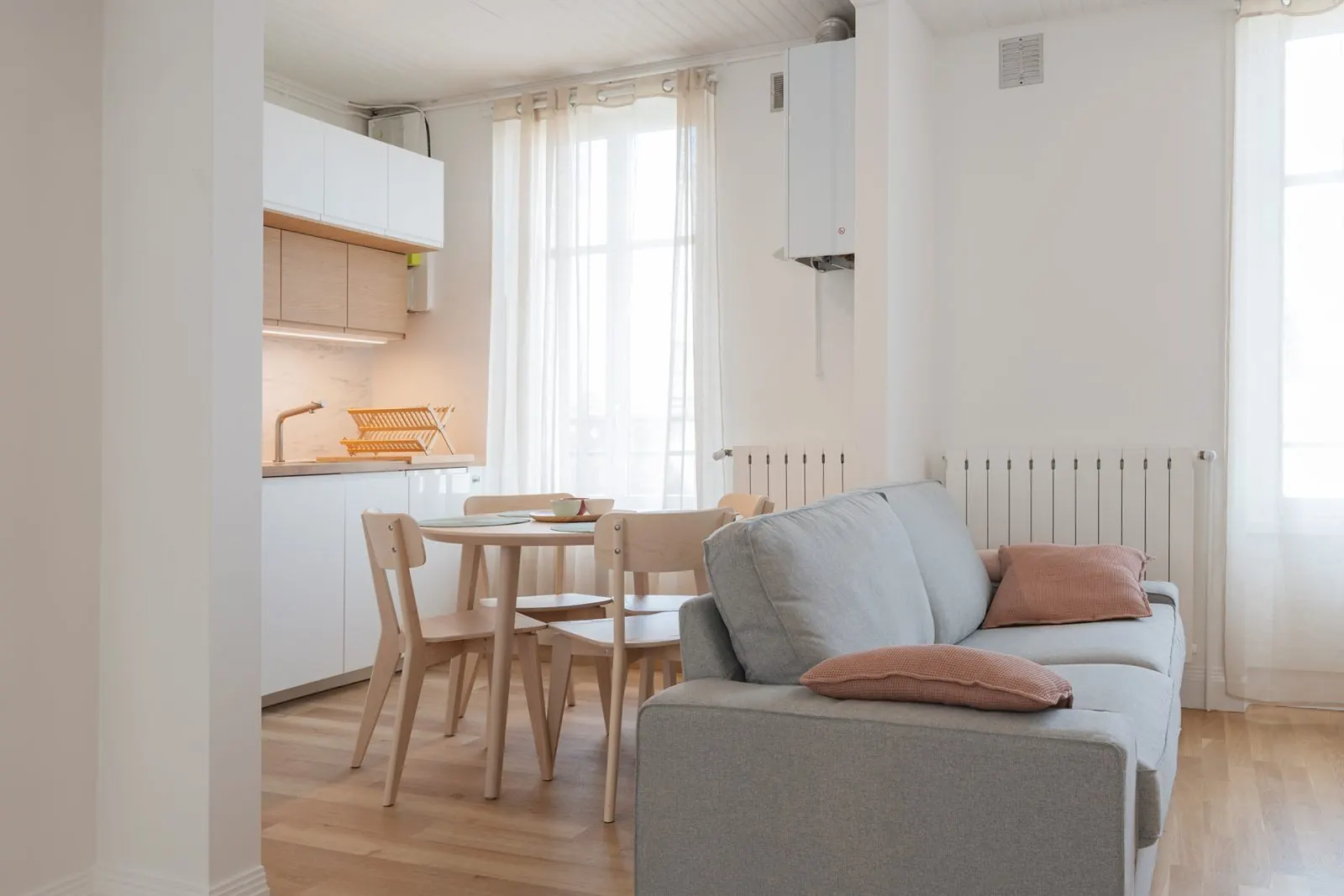 Artemis, furnished apartment, Nancy: living room with sofa, dining table and kitchen