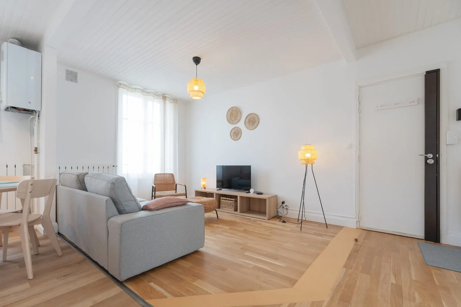 Artemis, furnished apartment, Nancy: living room with sofa, television and tripod lamp