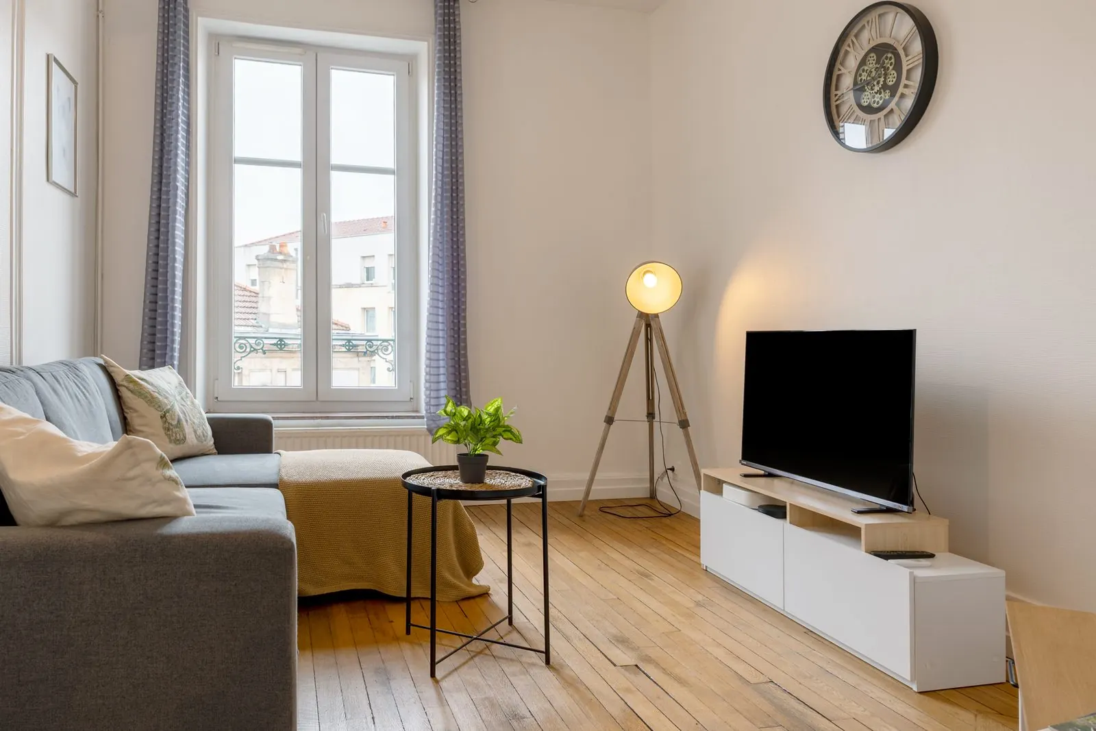 La Fabrique, furnished apartment, Nancy: living room with sofa, television and tripod lamp